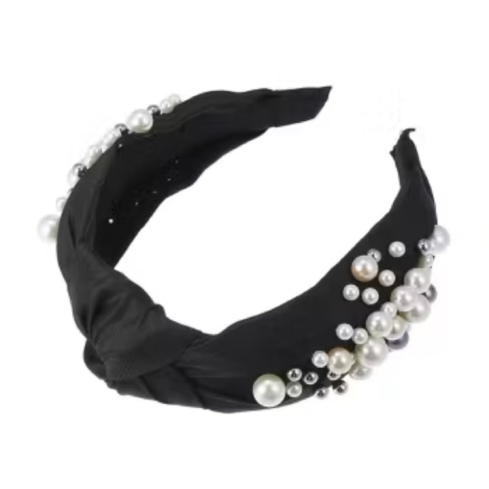 Black Women's Fashion Wide Faux Pearl Bead Knotted Headband NEW